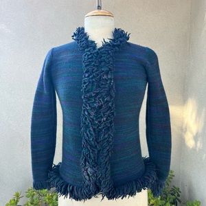 Vintage preppy cardigan sweater fringe trim blue green knit XS Yves St Laurent